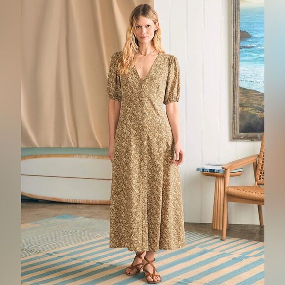 Faherty Havana Linen Blend Midi Dress in Butternut Ditsy Floral M NWOT - Picture 1 of 16